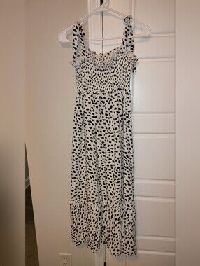White and Black Spotted Smocked Maxi Dress
